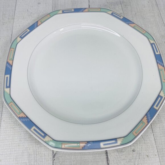 Christopher Stuart SOUTHWEST Green Blue Coral Rim White China Dinner Plate Set 4 - Picture 6 of 16